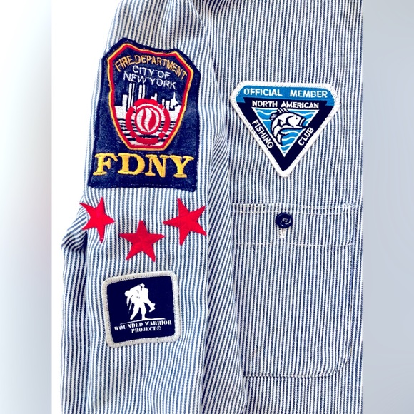 Distressed VTG embroidered patchs railroad ticking shirt XL Natural inst… - Picture 2 of 16